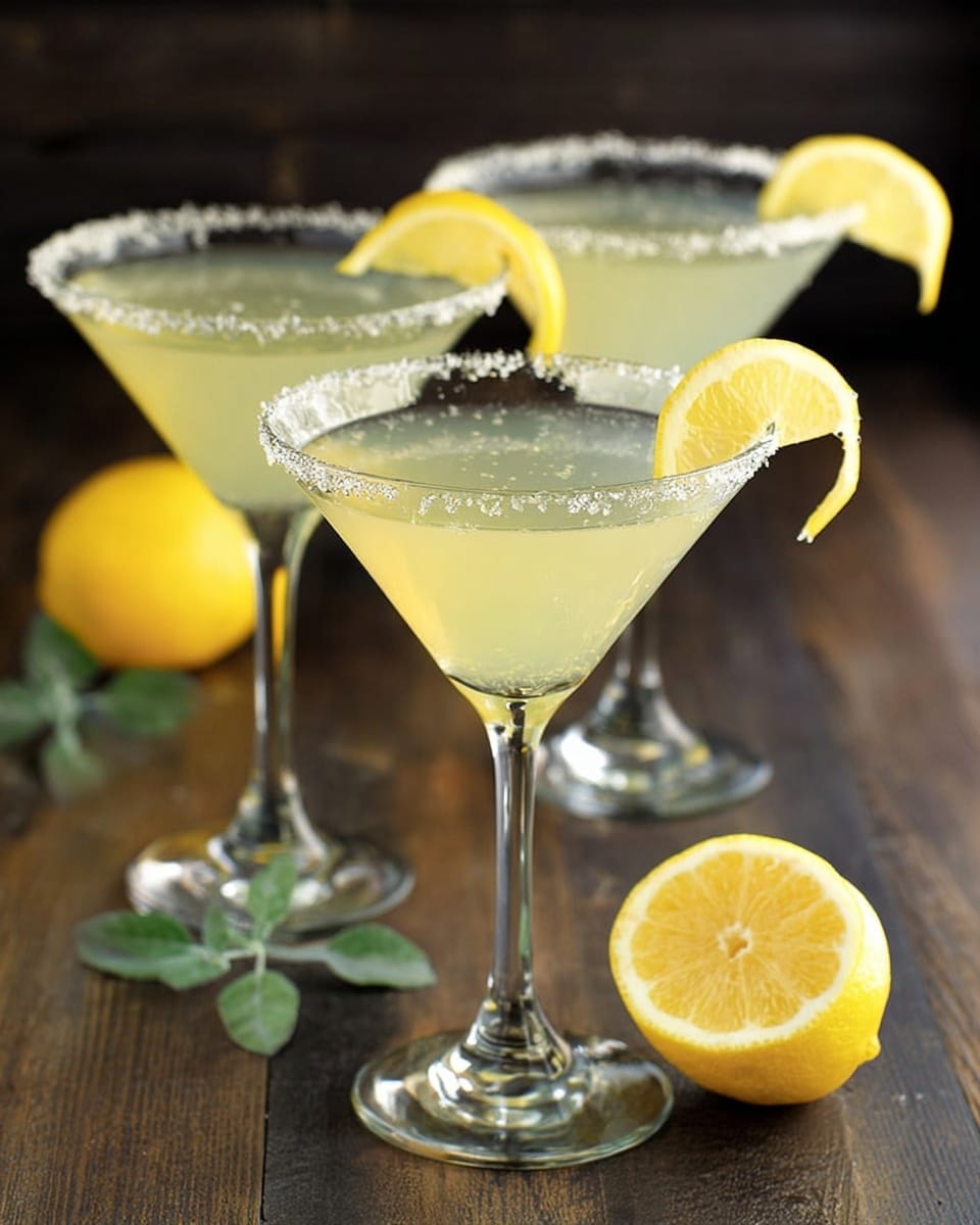 Three clear martini glasses filled with a pale yellow lemon drink, each glass rimmed with coarse salt and garnished with a twist of lemon peel on the edge. The drinks are set on a dark wooden surface with a whole lemon and a halved lemon nearby, along with a small sprig of green leaves. The background is simple and blurred to keep focus on the drinks. photo taken with an iphone --ar 4:5 --v 7