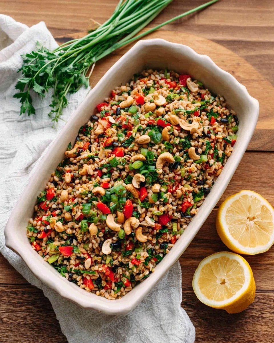 A white rectangular dish filled with a colorful grain salad that has three main visible layers; the base layer is light tan grains like farro or barley, mixed with small black and dark green pieces, the middle layer has chopped red bell peppers and green herbs evenly spread throughout, and the top layer has whole cashews and more chopped green onions adding texture. The dish sits on a wooden surface next to two lemon halves on the right and a white cloth with fresh green stems on the upper left. photo taken with an iphone --ar 4:5 --v 7