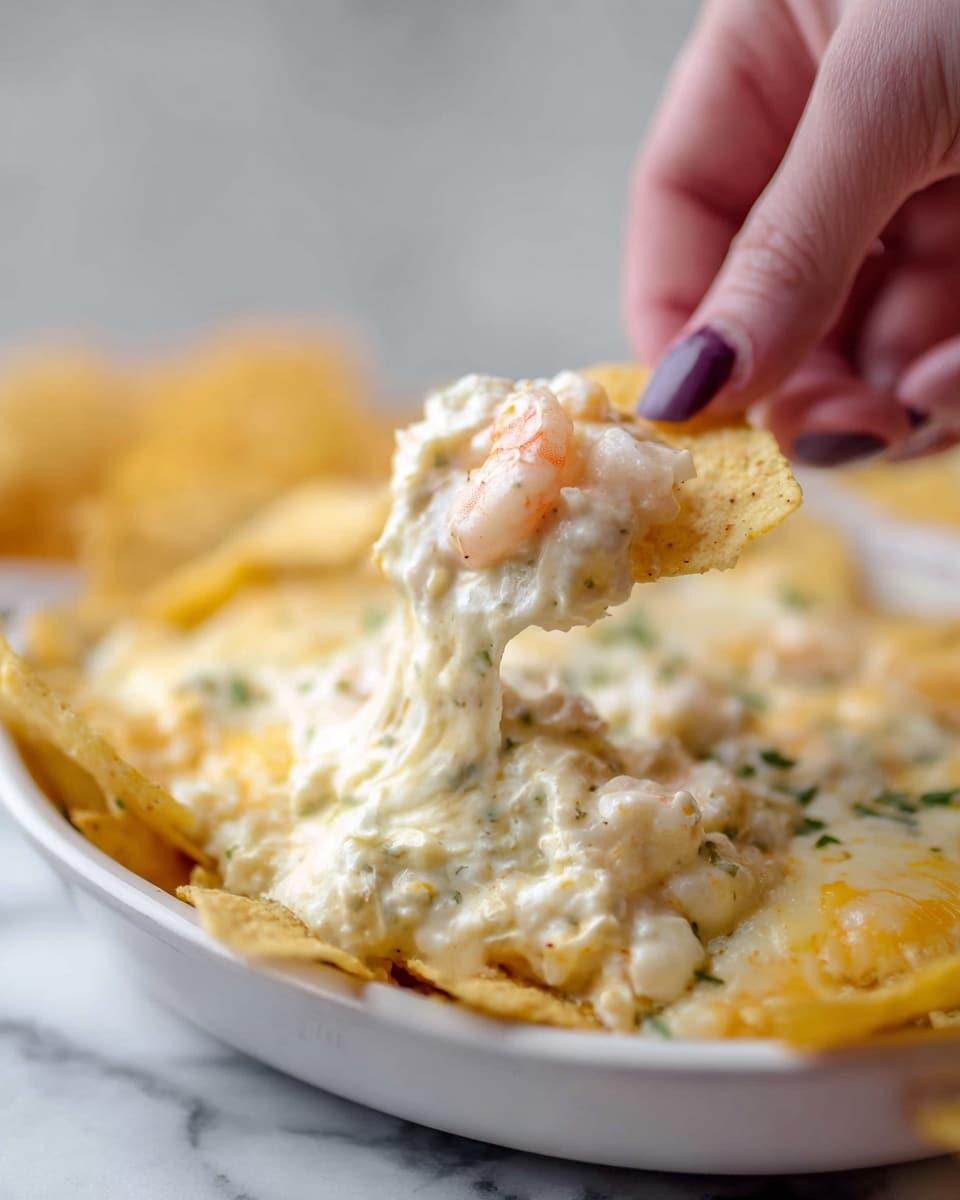 A close-up of a woman's hand picking up a chip from a white plate filled with layers of tortilla chips and creamy, cheesy dip that is thick and smooth with visible bits of herbs and small shrimp throughout, the chips are golden and crispy, sitting under the dip that stretches slightly as the chip is lifted, all placed on a white marbled surface. photo taken with an iphone --ar 4:5 --v 7