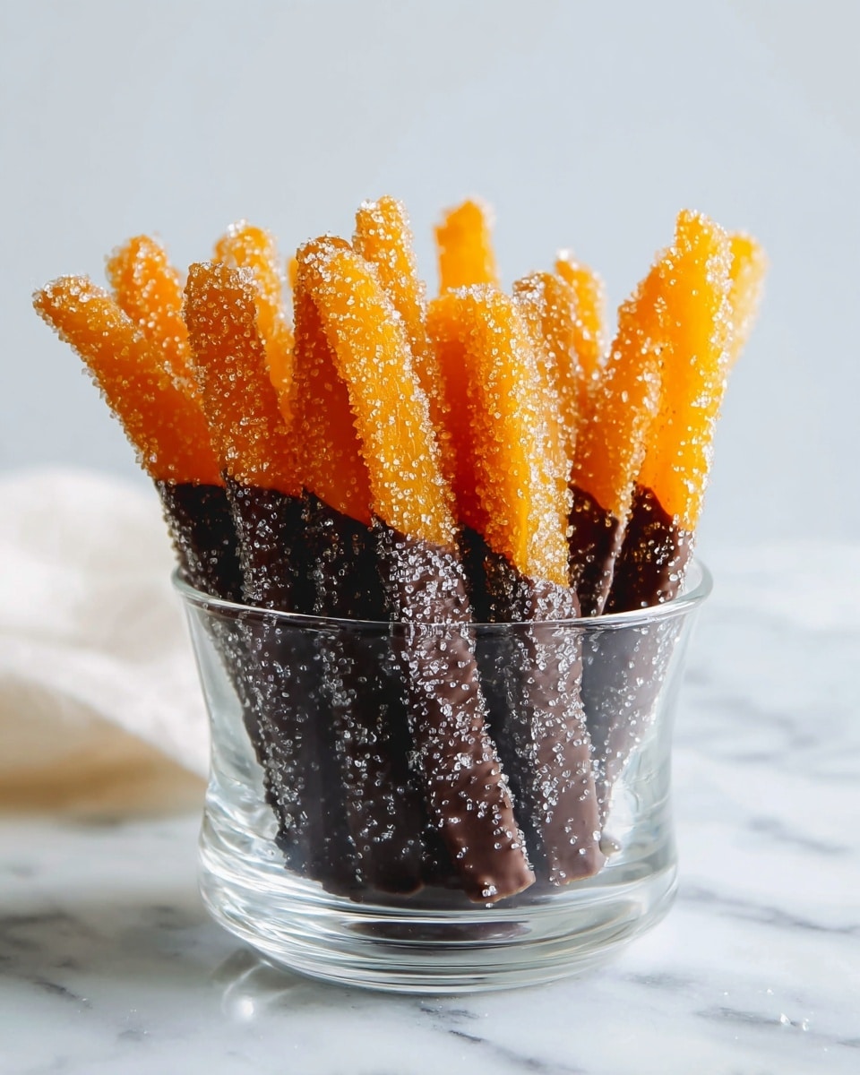 A clear glass bowl is filled with several sticks of candied orange peel, each one covered halfway in dark chocolate at the bottom and coated in sparkling sugar crystals on the exposed bright orange top part, standing upright tightly together on a white marbled surface with a soft, bright background. photo taken with an iphone --ar 4:5 --v 7