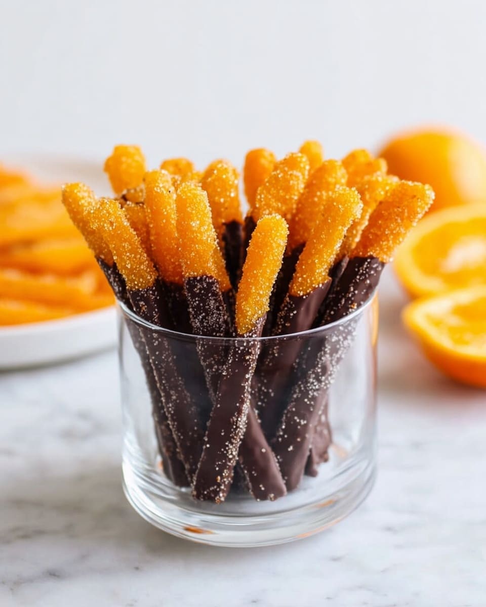 A clear round glass container is filled with thin, stick-like pieces, each dipped halfway in smooth, dark brown chocolate with a slightly glossy finish, and the other half covered in bright orange sugary coating that looks rough and sugary. The sticks stand upright, closely packed side by side, with the orange sugary ends pointing upward inside the glass. The container sits on a white marbled surface, with two orange halves blurred in the background to the right, and a white plate with orange pieces blurred in the far background to the left. photo taken with an iphone --ar 4:5 --v 7