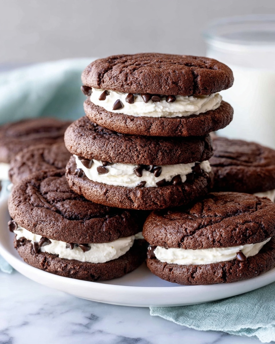 A white plate holds a stack of six sandwich cookies, each made of two dark brown chocolate cookie layers with visible cracks and chocolate chips on top. Between each cookie pair is a thick, smooth layer of white cream filling. The background shows a blurred glass of milk and a light blue cloth on a white marbled surface. The cookies are piled in an irregular stack, with some leaning against each other, showing the creamy middle clearly. photo taken with an iphone --ar 4:5 --v 7