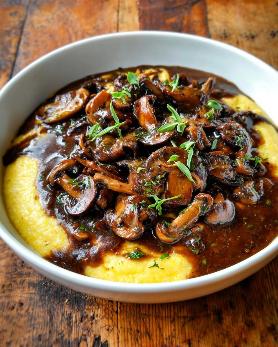 A white bowl filled with two layers, the bottom layer is creamy yellow grits with a smooth texture, slightly uneven on top. The top layer consists of sautéed dark brown mushrooms in a thick, glossy dark brown sauce covering most of the grits, sprinkled with small green herb leaves. A gold spoon is partially resting inside the bowl on the right side. The bowl sits on a white marbled surface. photo taken with an iphone --ar 4:5 --v 7