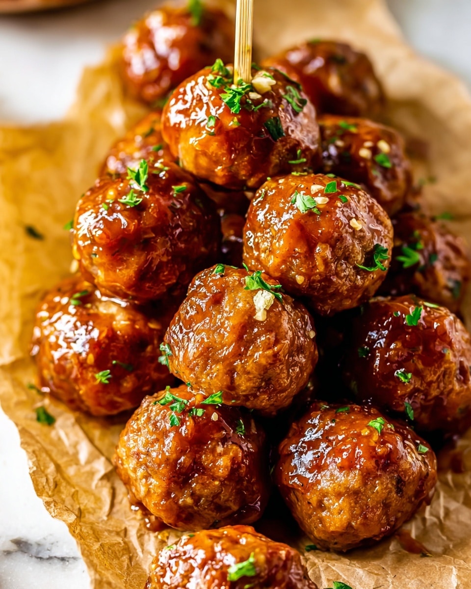 A close-up view of about a dozen shiny brown meatballs covered in a glossy sauce, arranged in a loose pile on crumpled brown paper atop a white marbled surface. The meatballs have a slightly rough texture, with small pieces of green herbs sprinkled evenly across the tops. One meatball near the center has a light wooden skewer sticking out. The sauce reflects light, giving the meatballs a moist and sticky look. The background is softly blurred, keeping the focus on the meatballs. Photo taken with an iphone --ar 4:5 --v 7