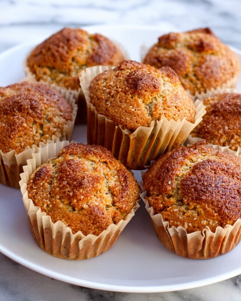 A white plate holds six muffins with crinkled golden brown tops and coarse textured crusts; each muffin is wrapped in light brown paper liners, showing a slightly rough and cracked surface with darker and lighter brown spots, arranged closely together in a circle. The background is a white marbled texture. photo taken with an iphone --ar 4:5 --v 7