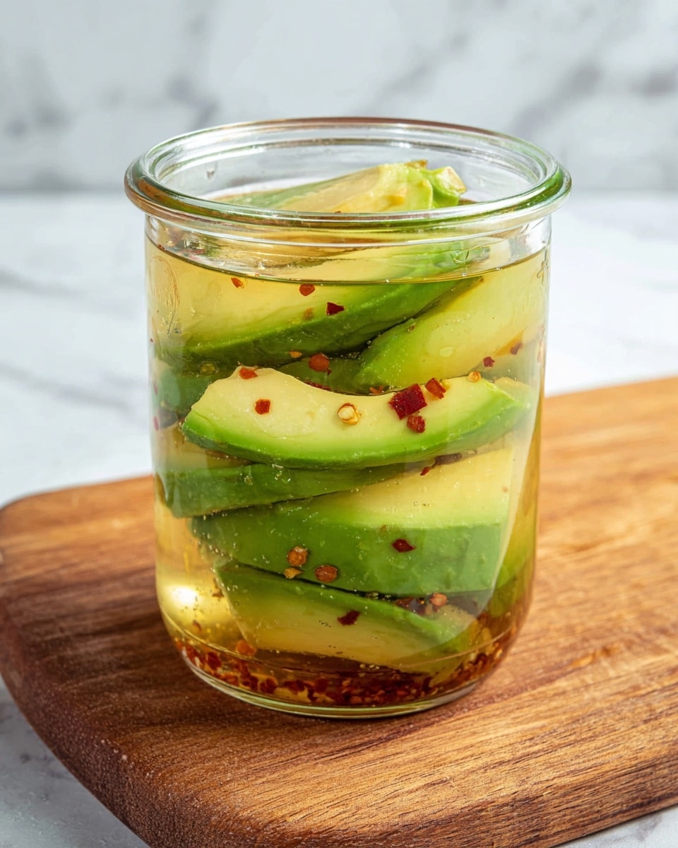 A clear glass jar sits on a wooden board, filled with three visible layers of green avocado slices submerged in a light yellowish liquid with small red chili flakes scattered throughout. The avocado slices have a soft texture, with some skin still visible, layered one on top of another, filling most of the jar vertically. The liquid around the avocado is clear with hints of oil and spices floating gently, creating a contrast against the bright green fruit. The background shows a white marbled texture. Photo taken with an iphone --ar 4:5 --v 7