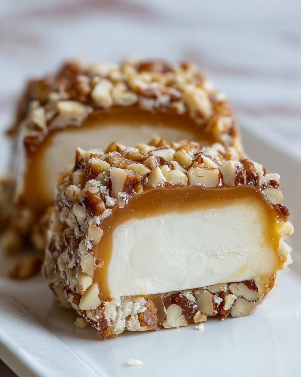 The image shows a close-up of a treat with three layers. The inner layer is a soft, creamy white center with a smooth texture. Surrounding this is a golden caramel layer, slightly glossy and sticky. The outermost layer is made up of small chopped nuts that are light brown and uneven, giving the treat a rough texture. The treat is positioned on a white marbled surface, and more pieces of the same treat blurred in the background. Photo taken with an iphone --ar 4:5 --v 7