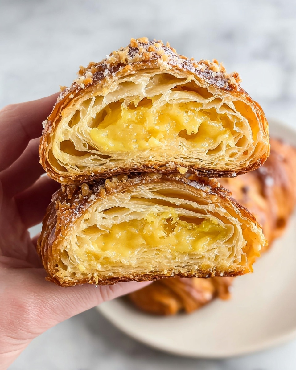 The image shows a close-up of three almond croissants stacked on a white plate over a white marbled surface. Each croissant has multiple layers of golden-brown flaky pastry with a slightly crispy texture. The top layer is covered with sliced toasted almonds and a light dusting of powdered sugar, giving a soft white contrast to the light brown crust. The powdered sugar settles in the grooves and on the almonds, creating a delicate snowy effect. Photo taken with an iphone --ar 4:5 --v 7