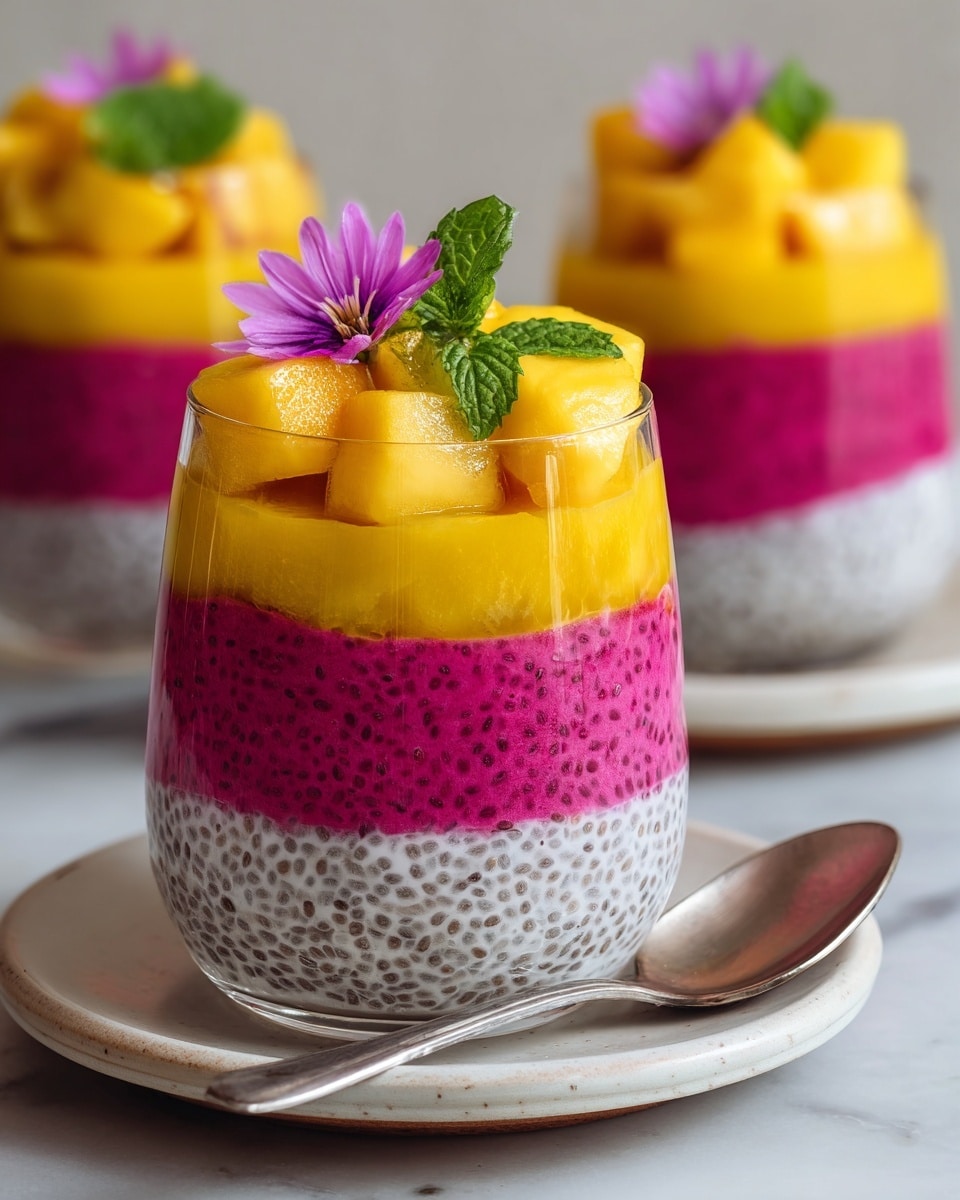 The image shows a clear glass filled with five colorful layers. The bottom layer is bright magenta with a smooth texture, followed by a thick white layer with black chia seeds giving it a dotted texture. Above that is a thick, bright yellow layer with a slightly creamy texture, then another magenta layer with small black seeds, and the top is decorated with large cubes of fresh orange mango. A small purple flower and green mint leaves sit on top of the fruit. The glass is placed on a round white plate with a spoon beside it on a white marbled surface. Two similar glasses with the same layered dessert are blurred in the background. Photo taken with an iphone --ar 4:5 --v 7