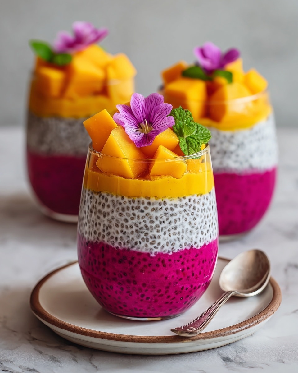 The image shows a clear glass filled with five bright layers: the bottom layer is deep pink with small black seeds, above it is a thick white layer with visible chia seeds, then a smooth bright yellow layer, followed by another thick pink layer with seeds, and the top layer is chunks of bright yellow mango. The glass is placed on a round white plate with a shiny silver spoon next to it. The drink is decorated with a purple flower and some fresh green mint leaves on top. Behind it, two similar glasses with the same layered pattern are blurred in the background, all on a white marbled surface. Photo taken with an iphone --ar 4:5 --v 7
