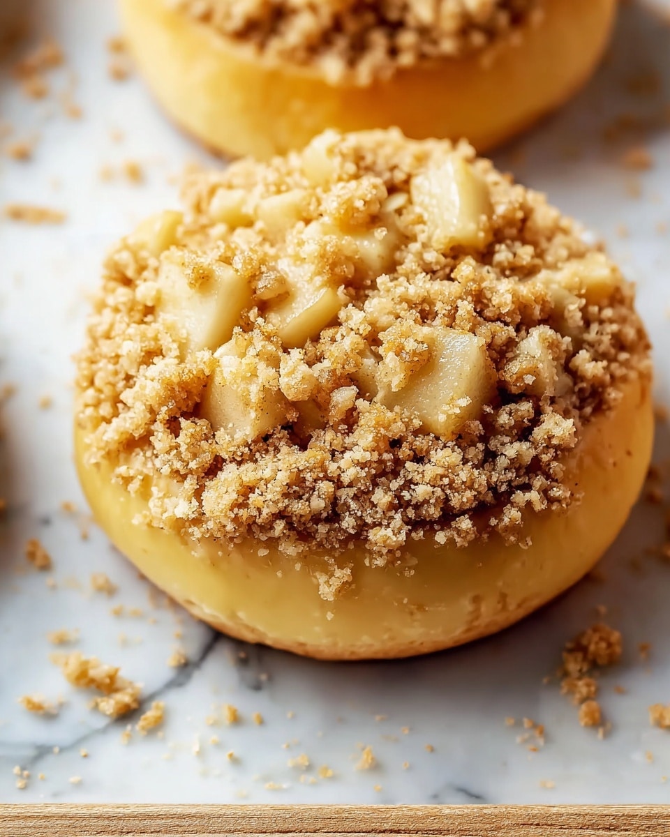 The image shows round, golden-brown dough pieces topped with a crumbly streusel mixture, which has a light brown color and a coarse texture. Each dough piece has about two layers: the bottom layer is soft and smooth dough, while the top layer is made of crumbly streusel bits mixed with small chunks of light yellow apple pieces. The dough pieces are placed closely together on a baking tray with some crumbs scattered around. The setting is on a white marbled textured surface. Photo taken with an iphone --ar 4:5 --v 7