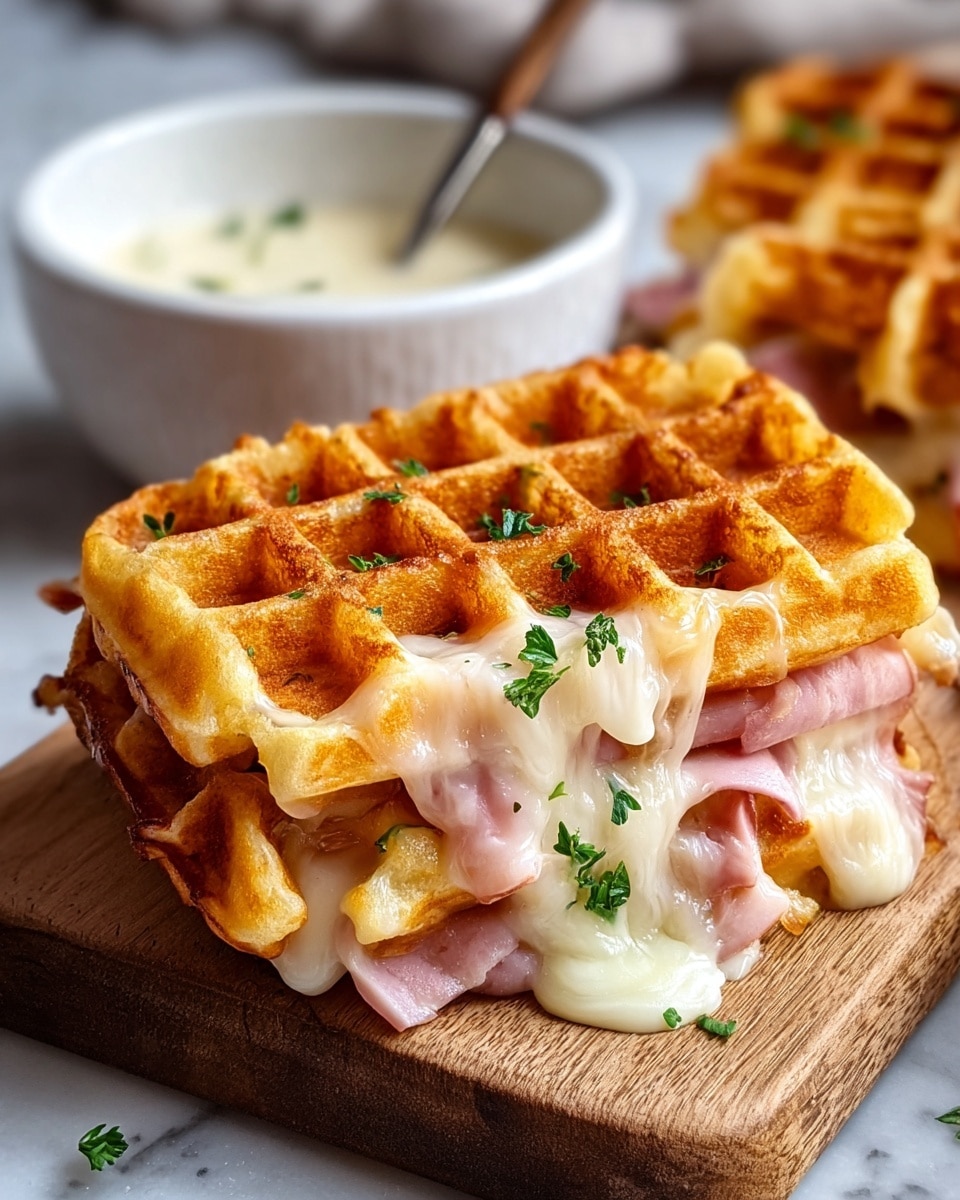 A close-up view of a waffle sandwich on a wooden board showing two golden-brown waffle layers with a crispy texture and grid pattern, filled with melted creamy white cheese bubbling out and slices of pink ham peeking through, topped with small green parsley leaves scattered over the top. In the background, a white bowl with a smooth light cream sauce is slightly out of focus, all set on a white marbled surface. photo taken with an iphone --ar 4:5 --v 7