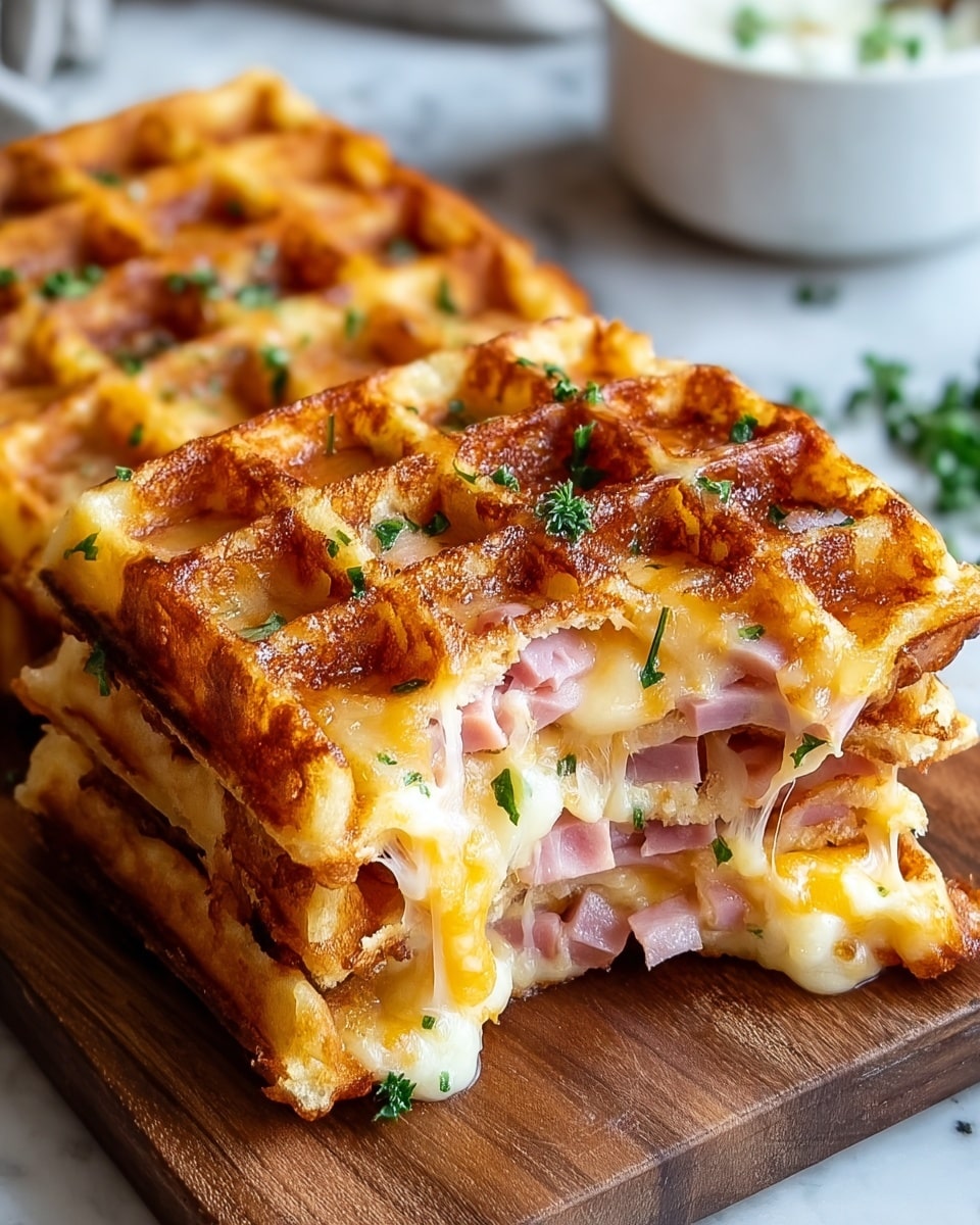 A thick square waffle with a golden brown crispy top layer showing melted cheese with green herbs sprinkled on it. The waffle has a second inner layer visible because a piece is broken off, revealing melted cheese and chunks of pink ham inside. The texture of the waffle is crunchy outside and soft inside. The waffle sits on a wooden board with a white marbled textured background, and a white bowl blurred out in the back. photo taken with an iphone --ar 4:5 --v 7
