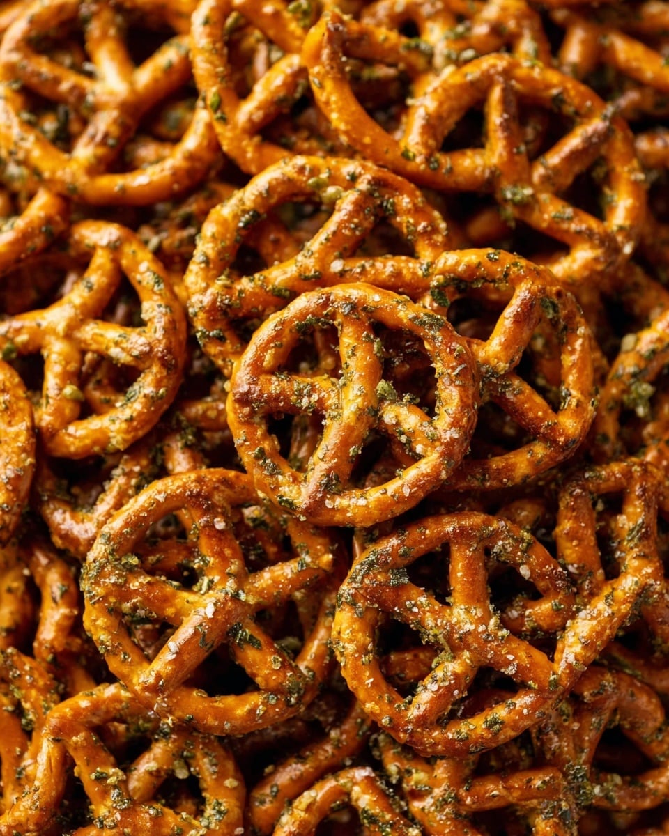 A close-up view of many small crunchy pretzels piled together, each pretzel coated with a mix of green herbs and white seasoning flakes. The pretzels have a shiny orange-brown color and a crispy texture, with each twist and curve clearly showing. The herb pieces and seasoning add a rough, textured look over the smooth, baked surface. The pretzels fill the entire frame, creating a dense and tasty appearance. photo taken with an iphone --ar 4:5 --v 7