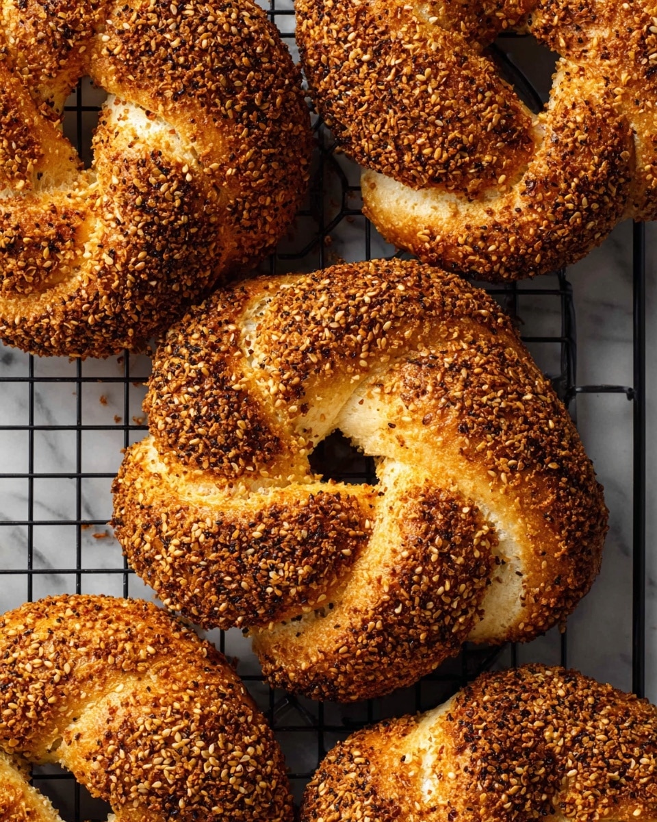 The image shows several golden brown sesame seed-covered bagels arranged closely on a black cooling rack. Each bagel has a thick twisted shape with deep, curved ridges that reveal a soft, white interior. The sesame seeds cover the entire outer crust densely, giving a rough, textured look with a toasted shine. The contrast between the crunchy darker brown outer layer and the light, fluffy white dough inside creates an inviting fresh-baked appearance. The whole scene is set against a white marbled surface. photo taken with an iphone --ar 4:5 --v 7