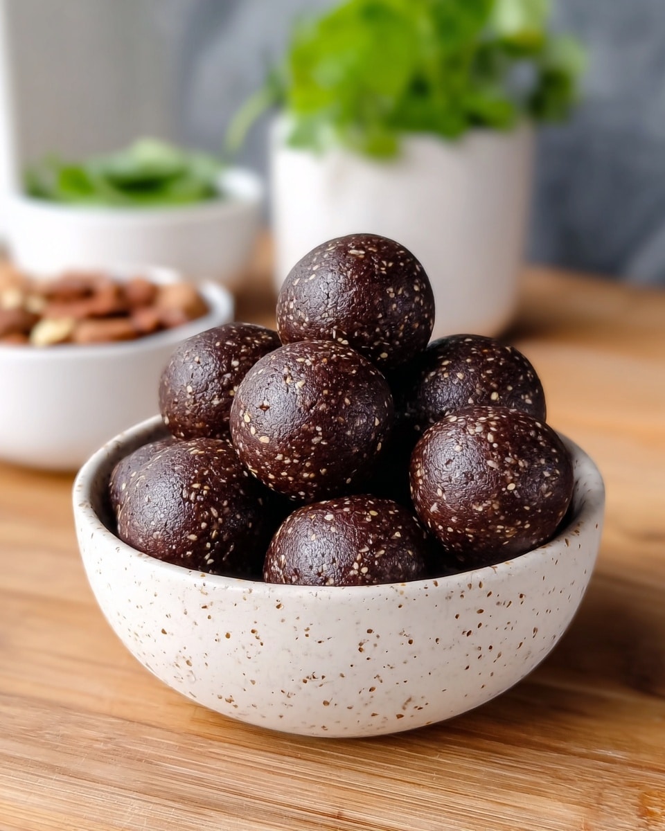 A white speckled bowl filled with nine smooth, round, dark brown energy balls, each speckled with tiny lighter bits that give a textured look. The balls are stacked closely, filling the bowl fully, placed on a wooden surface. In the blurred background, there are two white bowls—one containing green leafy herbs and the other holding brown nuts or seeds, all set on a white marbled surface. The lighting is soft and natural, highlighting the glossy texture of the energy balls. photo taken with an iphone --ar 4:5 --v 7