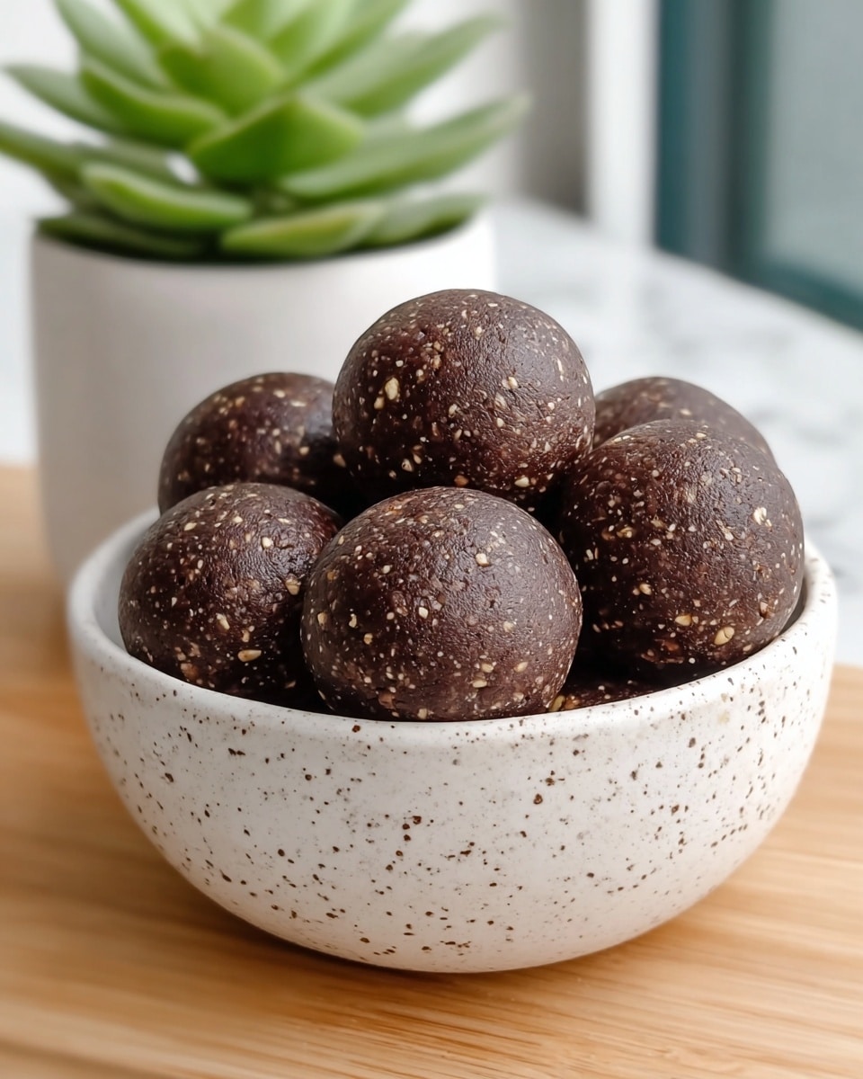 A white speckled bowl filled with eight round dark brown energy balls that have small light beige nut or oat bits scattered inside, giving them a slightly textured look, the balls are smooth and shiny with a dense appearance stacked closely together. The bowl is set on a light wooden surface with a blurred green succulent plant in a white pot in the background, all placed on a white marbled texture. photo taken with an iphone --ar 4:5 --v 7