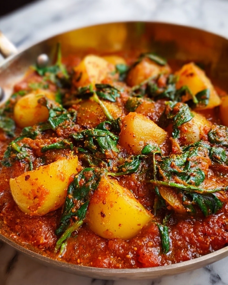 The dish shows a close-up of a stew with about two layers, starting with a thick, red tomato-based sauce that covers the bottom and is textured with small bits of spices and herbs. The second layer consists of golden yellow potato chunks, some partially submerged and others fully visible, mixed with bright green spinach leaves that add a fresh contrast to the rich sauce and potatoes. The overall look is hearty and rustic, with a slightly glossy finish on the potatoes and leafy vegetables, all sitting in a silver skillet on a white marbled surface. photo taken with an iphone --ar 4:5 --v 7