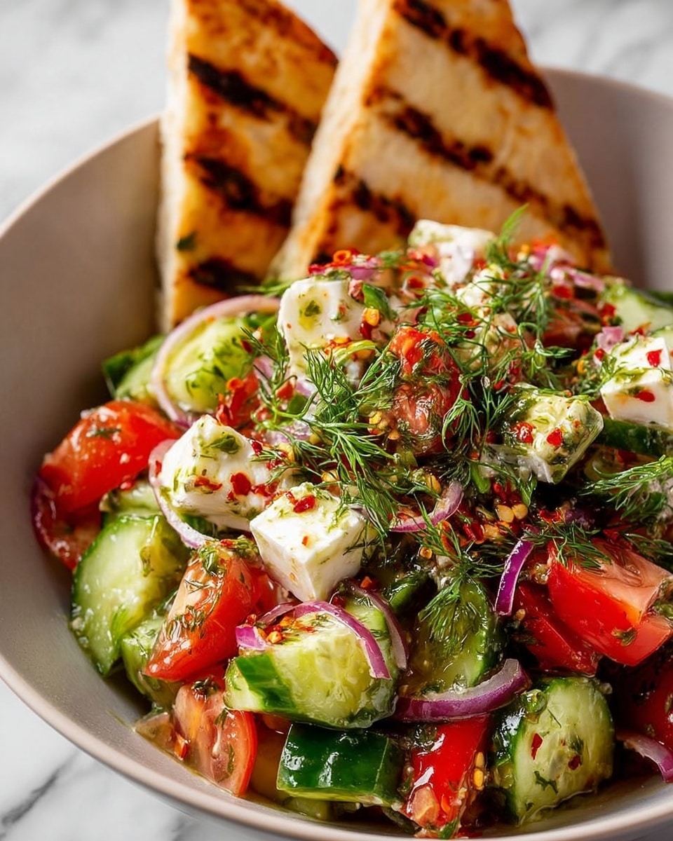 A close-up of a fresh salad served in a white bowl showing three main layers: the base layer of green cucumber chunks with a slightly shiny, wet texture, mixed with bright red tomato pieces; the middle layer includes white cubes of cheese and thin rings of red onion scattered evenly; the top layer is made up of green dill sprigs and a light dressing with visible herbs and small red chili flakes, adding specks of contrasting colors. Behind the salad, three pieces of triangular grilled bread with golden brown grill marks stand upright. The photo is taken on a white marbled surface. Photo taken with an iphone --ar 4:5 --v 7