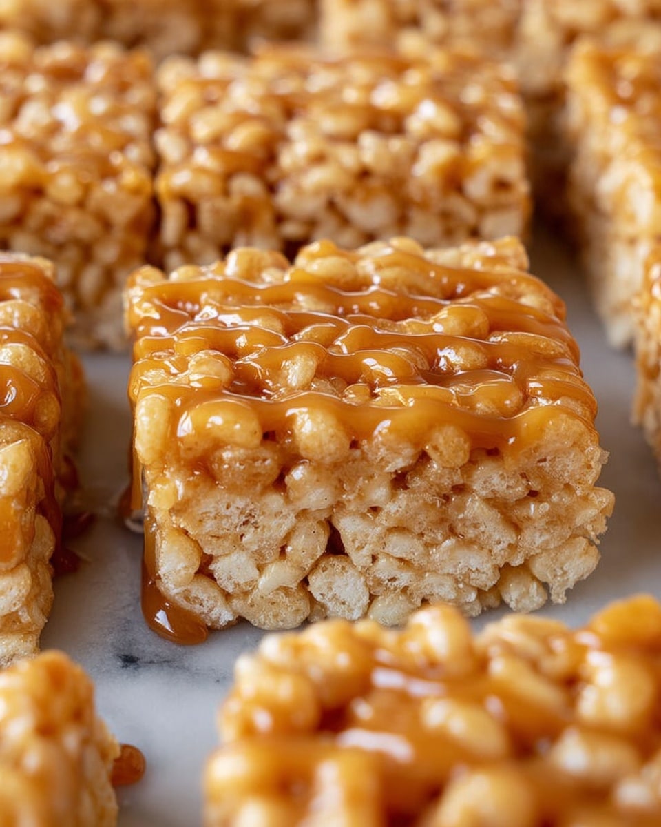 The image shows close-up squares of crispy rice treats arranged in rows on a white marbled surface. Each square has one main layer of light golden puffed rice cereal held together with a glossy caramel or butterscotch sauce that coats the treats and drips slightly on the edges. The texture looks crunchy yet sticky, with the caramel adding a shiny finish to the top. The treats create a slight uneven surface on top, emphasizing the puffed cereal shape in each bar. The photo is focused on the front center piece with the others blurred in the background. Photo taken with an iphone --ar 4:5 --v 7