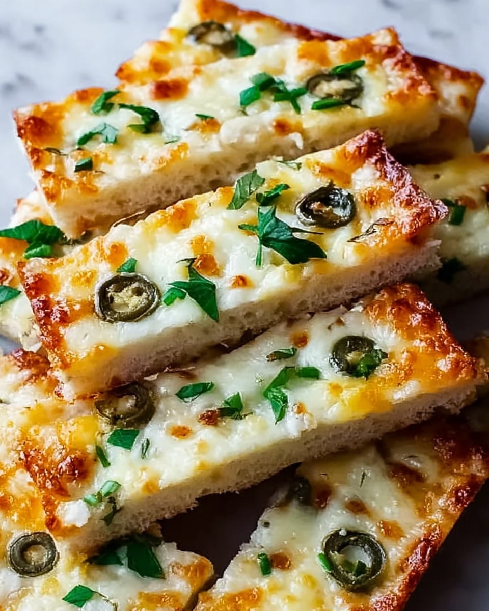 The image shows multiple rectangular slices of cheesy bread stacked closely together on a white marbled surface. Each slice features a golden-brown melted cheese layer on top with visible texture, including lightly browned spots. Scattered throughout the cheese layer are dark green sliced olives and small pieces of fresh green herbs, adding color contrast. The crust is thin, slightly crisp, and golden brown, forming a firm base visible beneath the cheese. The slices are stacked in a slightly overlapping way, showing layers clearly. photo taken with an iphone --ar 4:5 --v 7