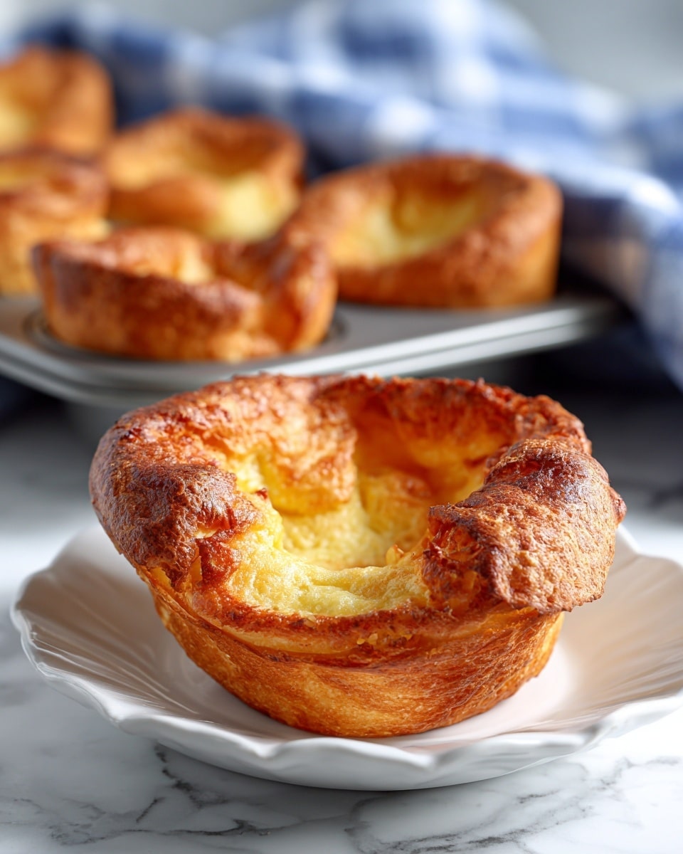 A single golden-brown puff pastry cup sits on a white scalloped plate, showing its slightly wrinkled and airy texture with a hollow center; in the background, a metal muffin tray holds more of these puff pastry cups with their light, crispy surfaces, and a blue and white checkered cloth is softly blurred behind them on a white marbled surface. Photo taken with an iphone --ar 4:5 --v 7