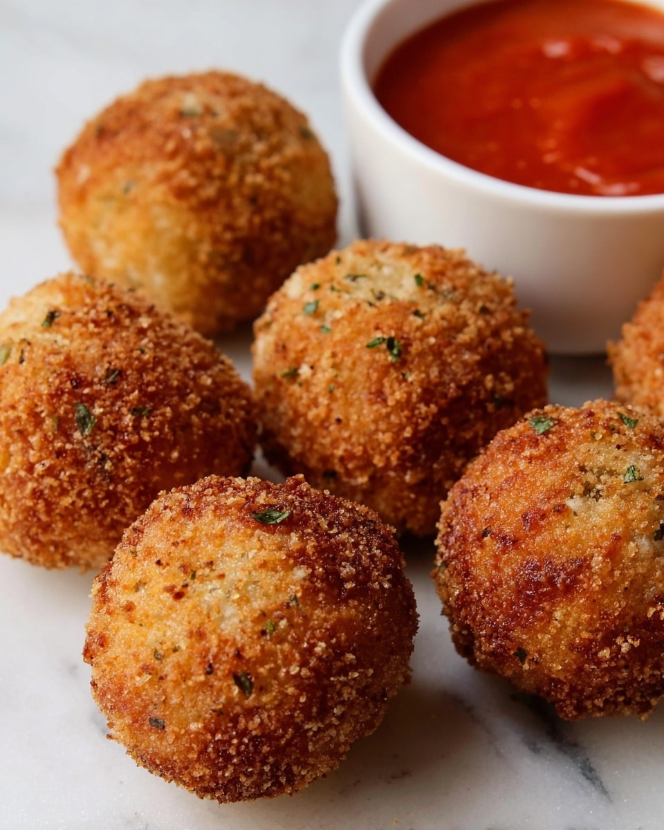 The image shows six round, crispy, golden-brown fried balls with a rough breadcrumb coating that appears crunchy and seasoned with small green herbs. The balls are arranged closely on a white marbled surface, with some parts showing a slightly darker toasted color. Behind the fried balls, there is a small white bowl filled with bright red dipping sauce, which has a smooth texture. The overall setting is simple and clean, highlighting the texture and color of the fried snacks. Photo taken with an iphone --ar 4:5 --v 7