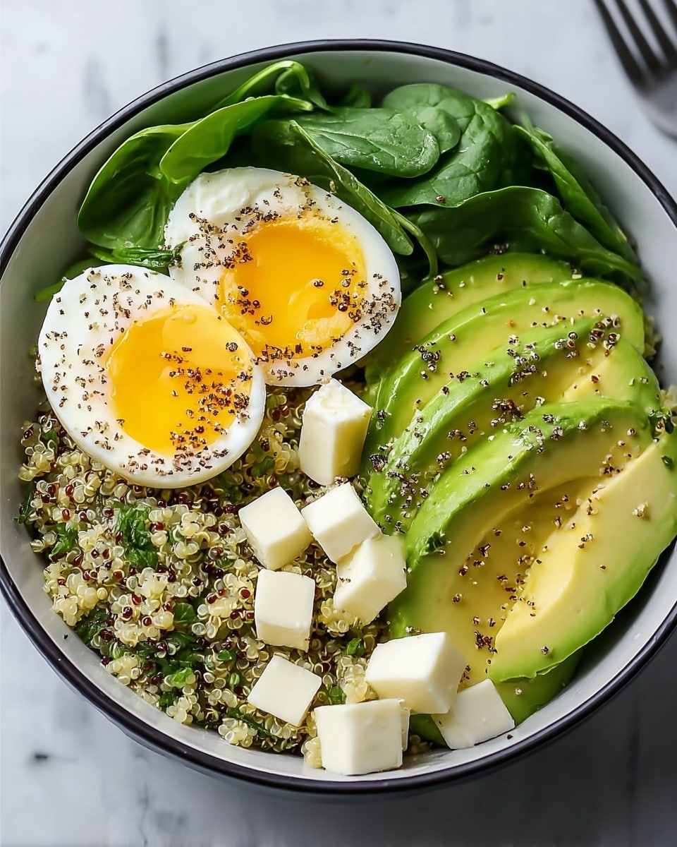 This dish is served in a white bowl with a black rim, placed on a white marbled surface. At the bottom is a layer of greenish quinoa mixed with small chopped herbs. On the left side, there is a bed of fresh dark green spinach leaves. Centered near the top left is a halved avocado filled with a bright yellow yolk, sprinkled with black and white seeds. To the right, there are three slices of green avocado with smooth, creamy texture, also topped with the same seeds. Scattered on top of the quinoa and around the bowl are small white cubes of cheese. Photo taken with an iphone --ar 4:5 --v 7