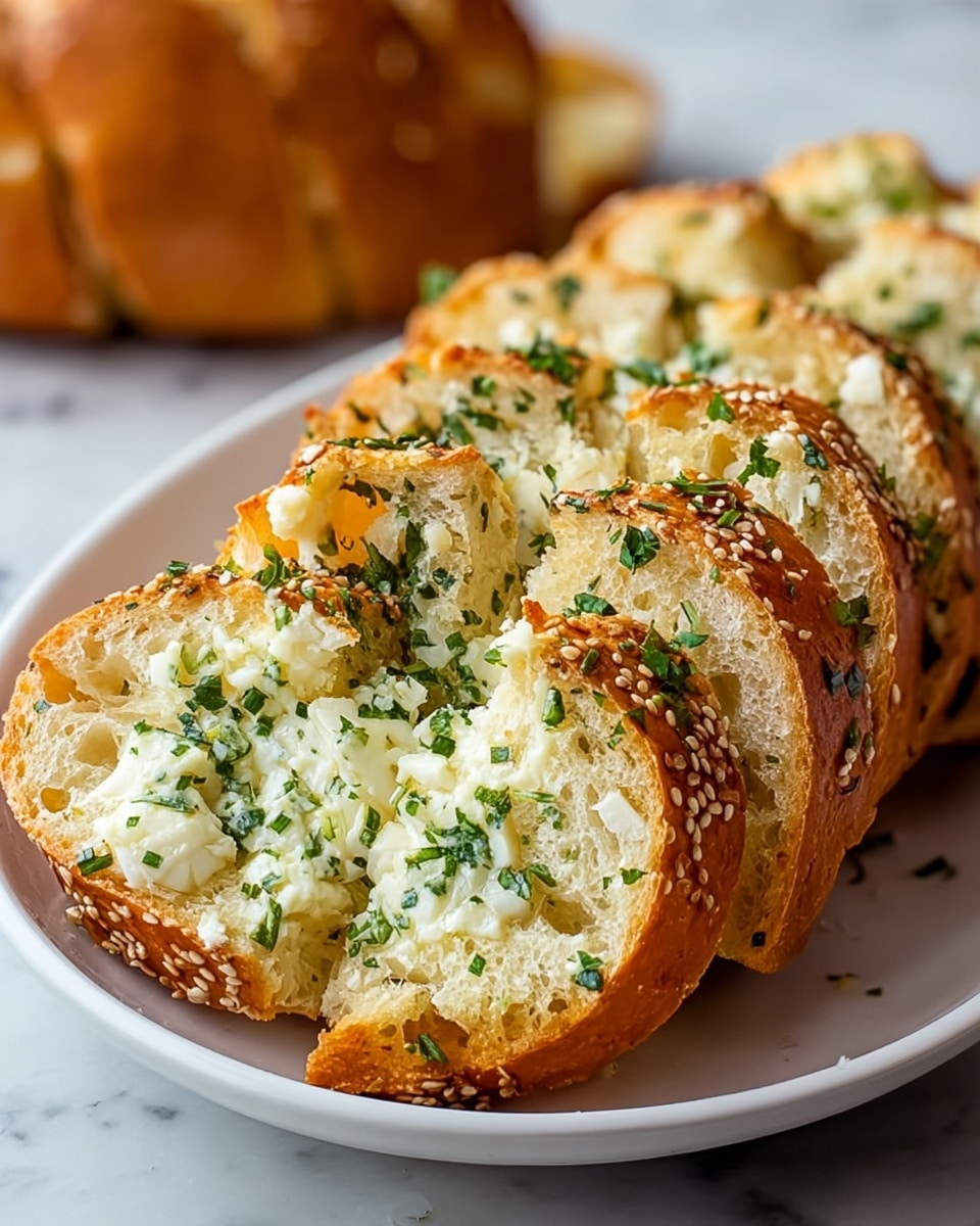 A white plate holds several thick slices of golden-brown garlic bread arranged in a neat row, each slice showing a crusty outer edge with a sprinkling of sesame seeds and finely chopped green herbs on top. The inside of each slice is soft and white, generously layered with melted white cheese mixed with small pieces of green herbs, giving a textured look of creaminess and freshness. In the background, there is a blurred loaf of similar bread. The setting is on a white marbled surface. photo taken with an iphone --ar 4:5 --v 7