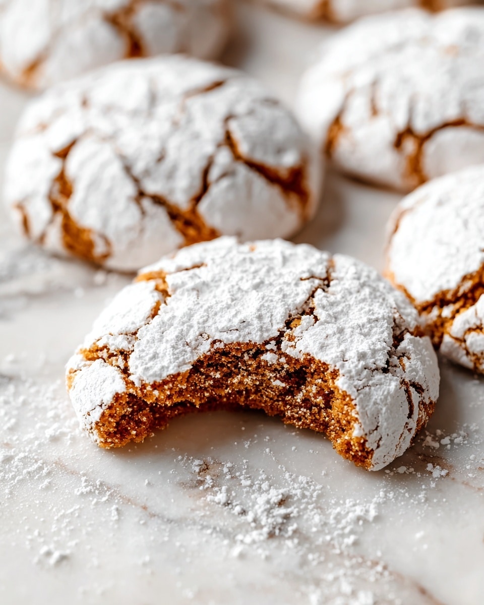 Several round cookies are arranged on a white marbled surface, each cookie topped with a thick layer of white powdered sugar that cracks as it settles. The cookies are a warm brown color underneath the powdered sugar, with a rough texture visible at the cracks. One cookie in the front has a bite taken out of it, showing a moist, dense inside with the same brown color and a slightly crumbly texture. The powdered sugar has lightly fallen onto the marbled surface around the cookies, adding to the soft white contrast. Photo taken with an iphone --ar 4:5 --v 7