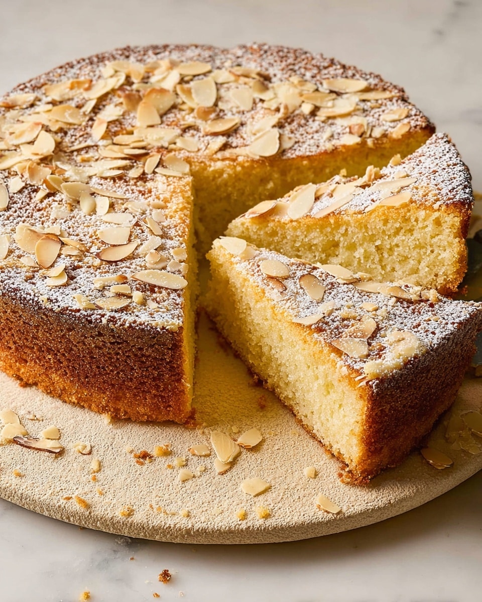 A round cake cut into slices is shown, with one slice slightly pulled out to reveal the inside. The cake has one thick layer with a light golden yellow, soft texture inside. The top is covered with a golden-brown crust sprinkled with thin almond flakes and a light dusting of powdered sugar. The sides are evenly baked to a medium brown color. The cake sits on a light beige textured round board, placed on a white marbled surface. photo taken with an iphone --ar 4:5 --v 7
