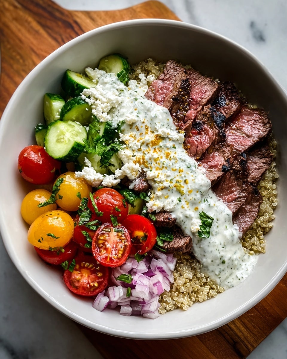 A white bowl sits on a wooden board over a white marbled surface, filled with a layered dish starting with a base of light-colored quinoa. On one side, there are slices of grilled steak with visible char marks, showing a pink center and brown edges. Next to the steak, there is a thick line of creamy white sauce with green herb bits and sprinkled with crumbled white cheese and yellow seasoning. On the opposite side, there are fresh green cucumber slices mixed with small pieces of red onion. Below the cucumber, there are halved cherry tomatoes in red and yellow, garnished with chopped green herbs. photo taken with an iphone --ar 4:5 --v 7
