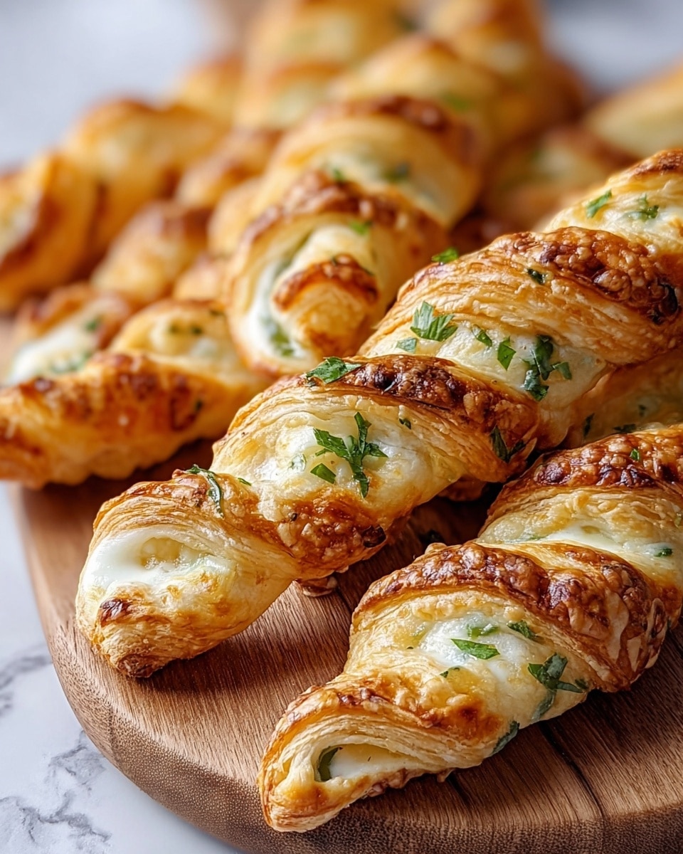 The image shows several golden-brown puff pastry twists placed close together on a wooden board, each with a visible layer of creamy white cheese filling inside. The pastry has a flaky, textured surface with darker baked spots and is sprinkled with small green herb pieces. The cheese layer inside looks smooth and soft, with thin slices of green pepper mixed in, adding a fresh contrast. The twists have a spiraled shape with the filling peeking out between the layers of tightly rolled dough. The background is blurred and replaced by a white marbled texture to highlight the food. photo taken with an iphone --ar 4:5 --v 7