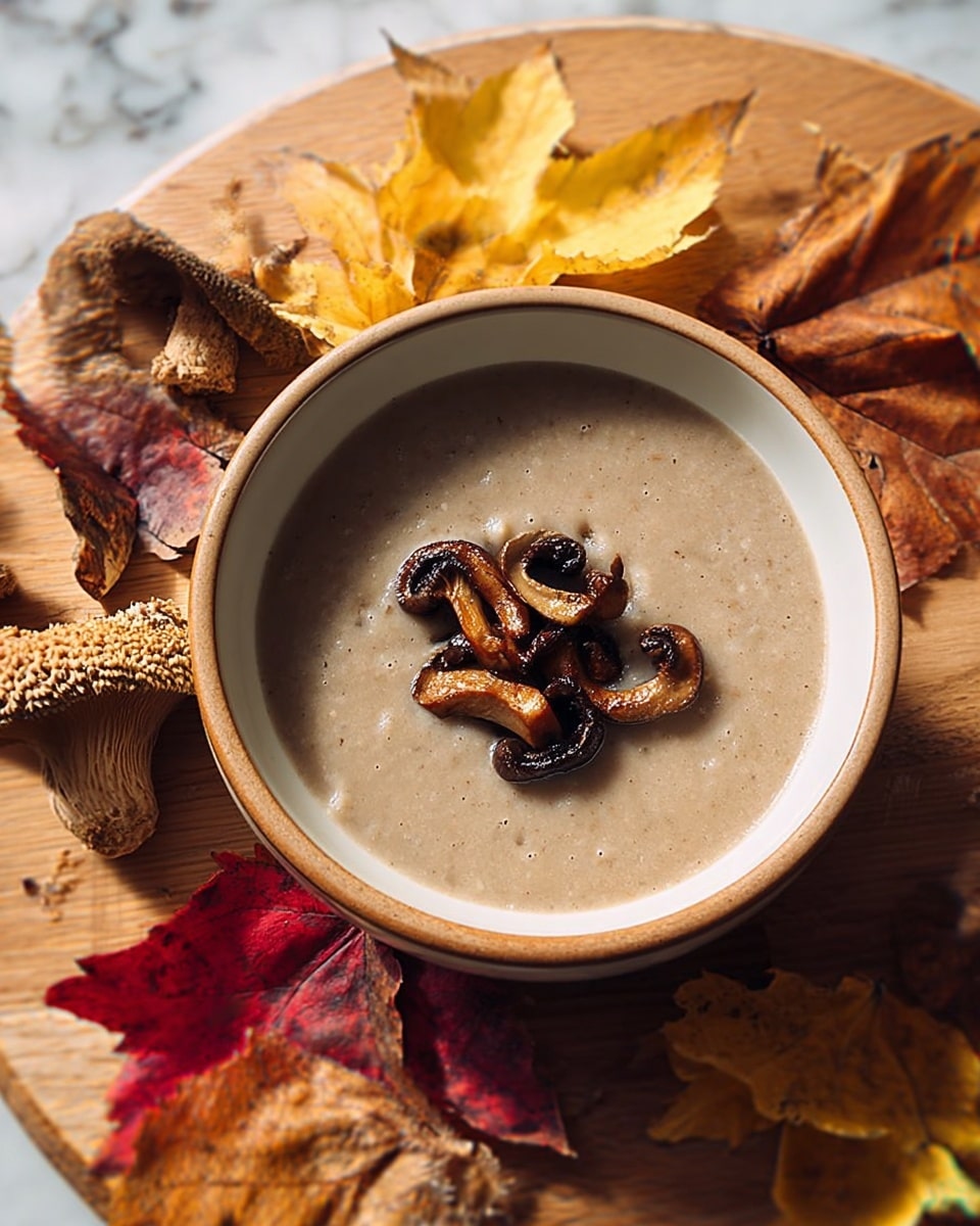 A white bowl filled with creamy light brown mushroom soup sits on a wooden round board. In the center of the soup, there is a small pile of sautéed mushrooms with a slightly charred texture, showing darker browns and a glossy surface. Around the bowl, crispy autumn leaves in shades of yellow, red, and brown are scattered, creating a warm and cozy atmosphere. The whole scene is set on a white marbled surface. photo taken with an iphone --ar 4:5 --v 7