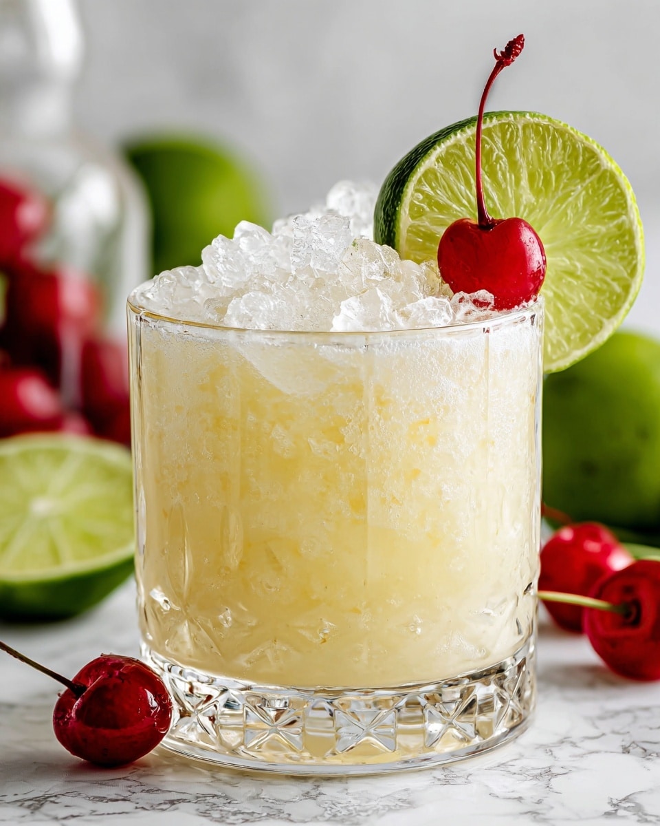 A clear glass filled with a creamy pale yellow drink layered with small, melting ice cubes on top, creating a textured surface with glossy, semi-transparent white shapes; a bright red cherry with a thin stem is perched near one edge, and a fresh green lime slice with visible segments is placed next to the cherry on the glass rim. The background is a white marbled texture with another glass and some lime halves blurred in the distance, giving depth to the image. Photo taken with an iphone --ar 4:5 --v 7