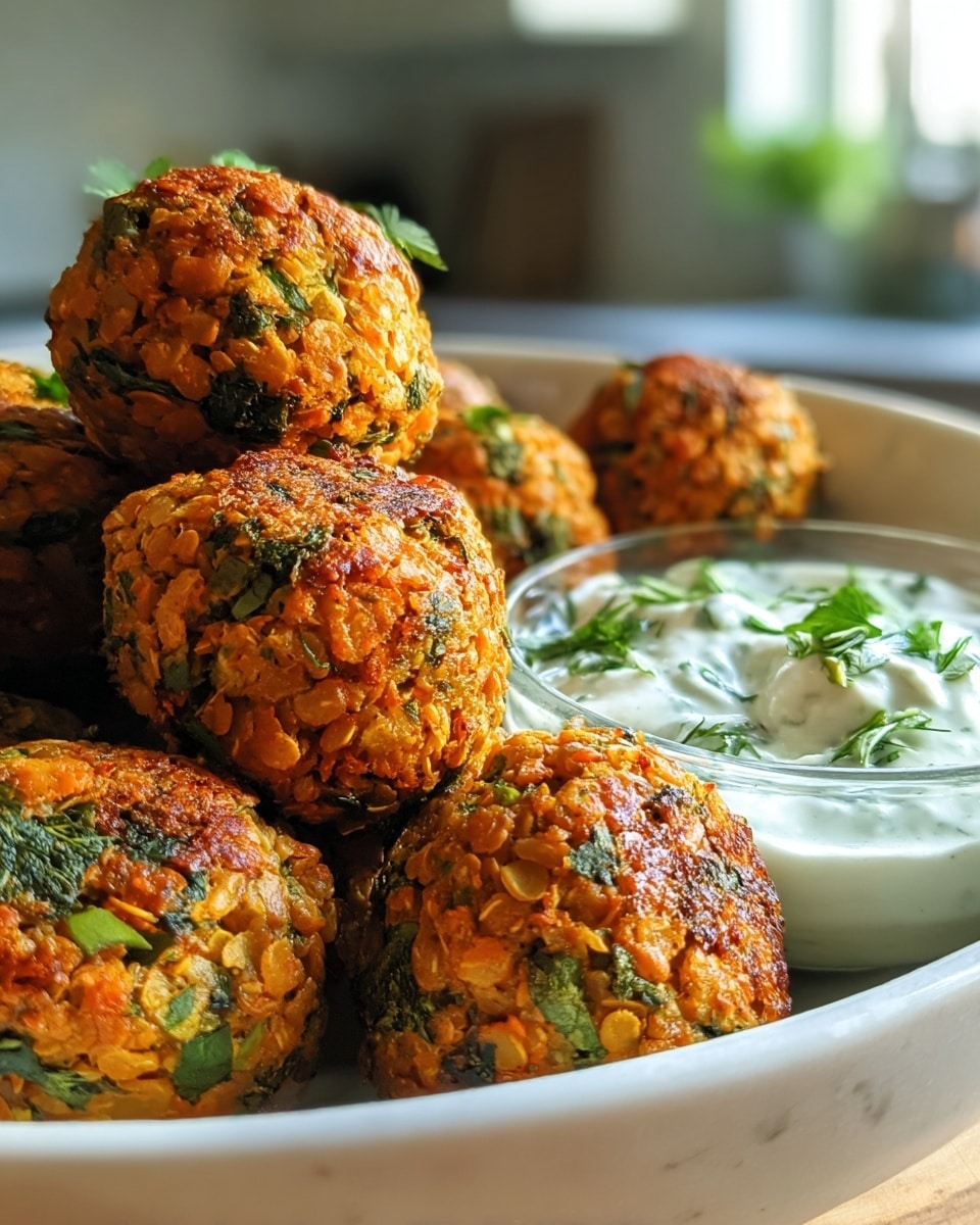 A close-up of a white bowl filled with round, orange lentil falafel balls mixed with chopped green herbs, all with a crispy, textured surface. The falafel balls are stacked on one side, while a creamy white yogurt sauce with visible green herb pieces is placed on the other side of the bowl. The bowl sits on a white marbled surface with a blurred indoor kitchen background. photo taken with an iphone --ar 4:5 --v 7