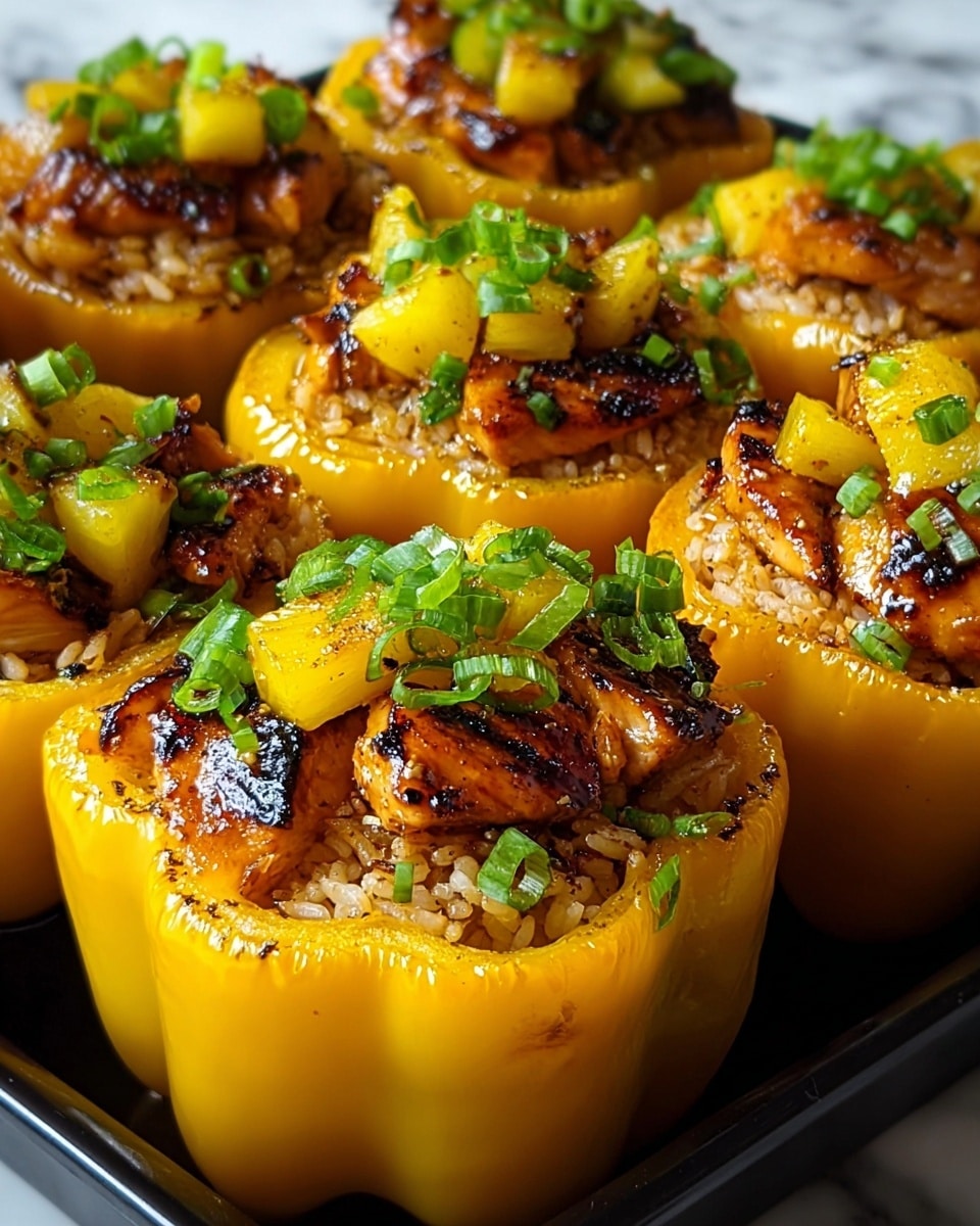 A close-up of yellow bell peppers cut in halves and filled with a base layer of cooked rice, topped with glazed, grilled chicken pieces that have a slightly charred texture, and bright yellow chunks of grilled pineapple. The stuffed peppers are garnished with finely chopped green onions scattered over the top. The peppers have a glossy appearance, and the dish is placed on a black tray set against a white marbled background. photo taken with an iphone --ar 4:5 --v 7