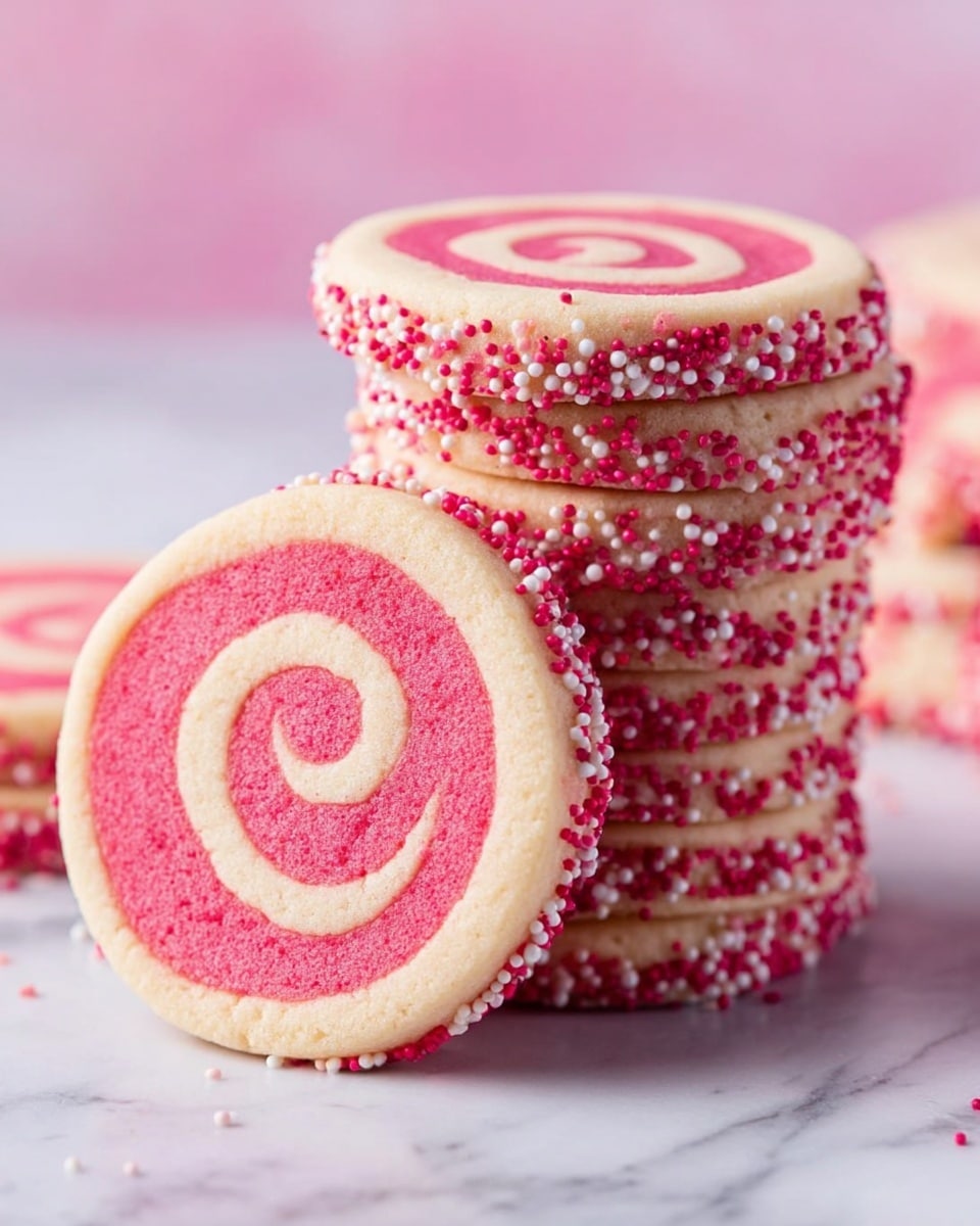 A stack of round swirl cookies is shown on a white marbled surface. Each cookie has two layers, a pink swirl layer that forms a spiral inside a light cream base layer. The edges of the cookies are covered with small round sprinkles in different shades of pink and white, giving a textured look. One cookie leans against the stack, showing the swirl pattern clearly. The background is soft pink and blurred, highlighting the details of the cookies. Photo taken with an iphone --ar 4:5 --v 7