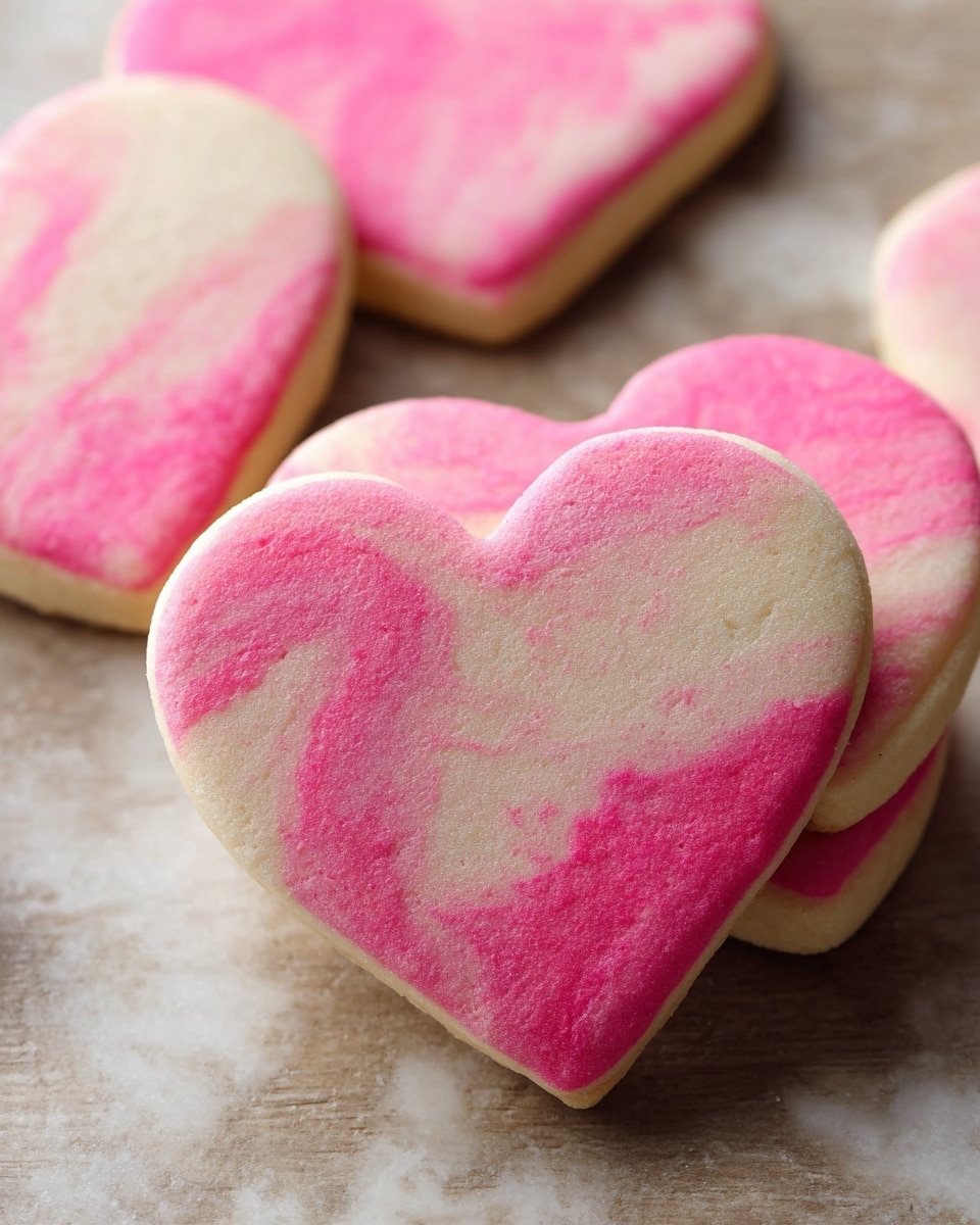 The image shows heart-shaped cookies with a smooth surface, featuring a two-layer color pattern that blends light beige with bright pink in a marbled style. The cookies are thick with a soft, matte texture. They are stacked, with one cookie fully visible in the front and others slightly overlapping behind it, all on a white marbled texture. The pink color covers the lower half while beige covers the upper half, with the colors swirling gently together. Photo taken with an iphone --ar 4:5 --v 7