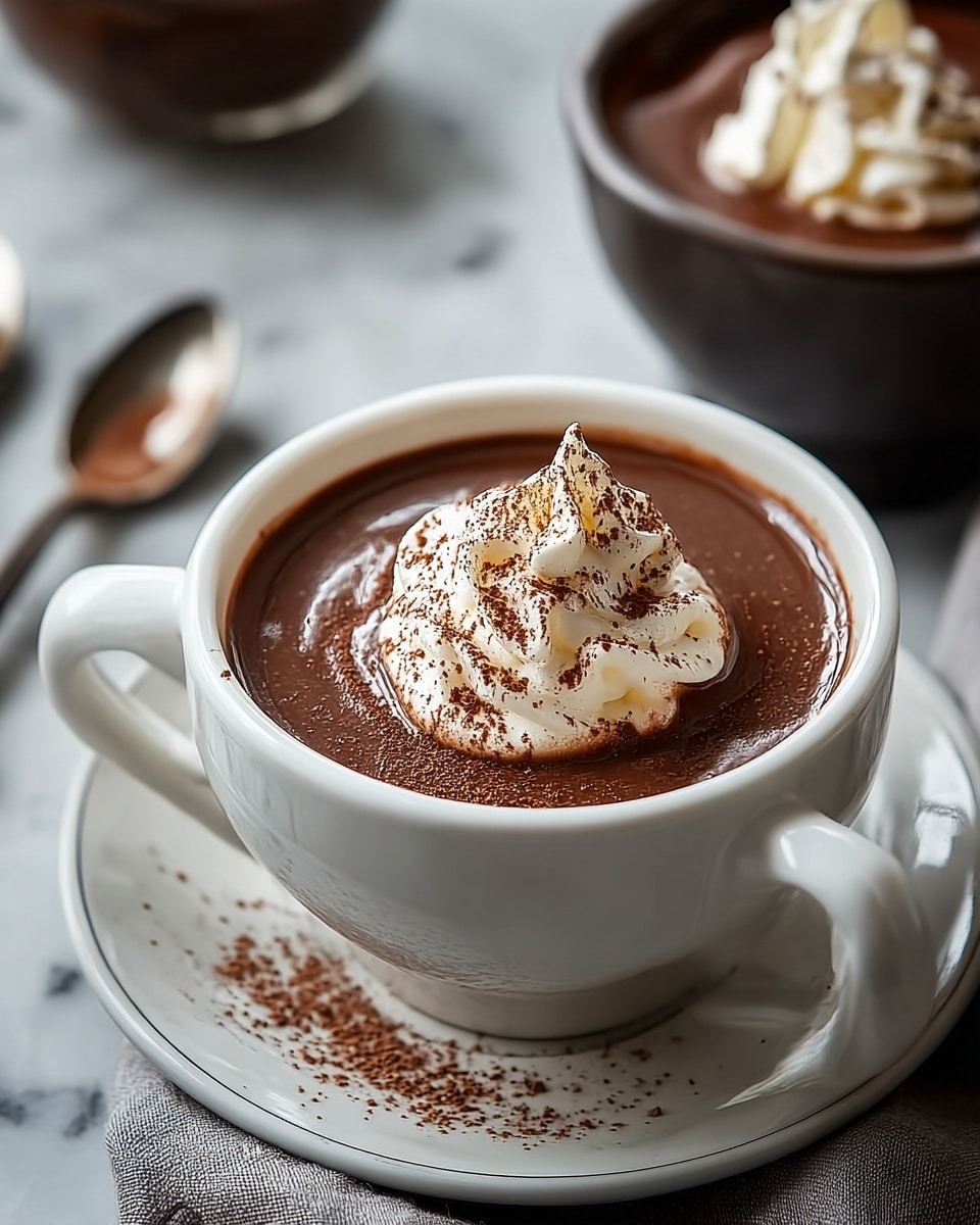 A white saucer holds a dark brown cup filled with thick, glossy hot chocolate. On top is a generous swirl of white whipped cream dusted with cocoa powder. Some cocoa powder is scattered on the saucer. In the background, another dark brown cup with whipped cream is slightly out of focus. The setting is on a white marbled surface with a soft gray cloth under the saucer. Photo taken with an iphone --ar 4:5 --v 7