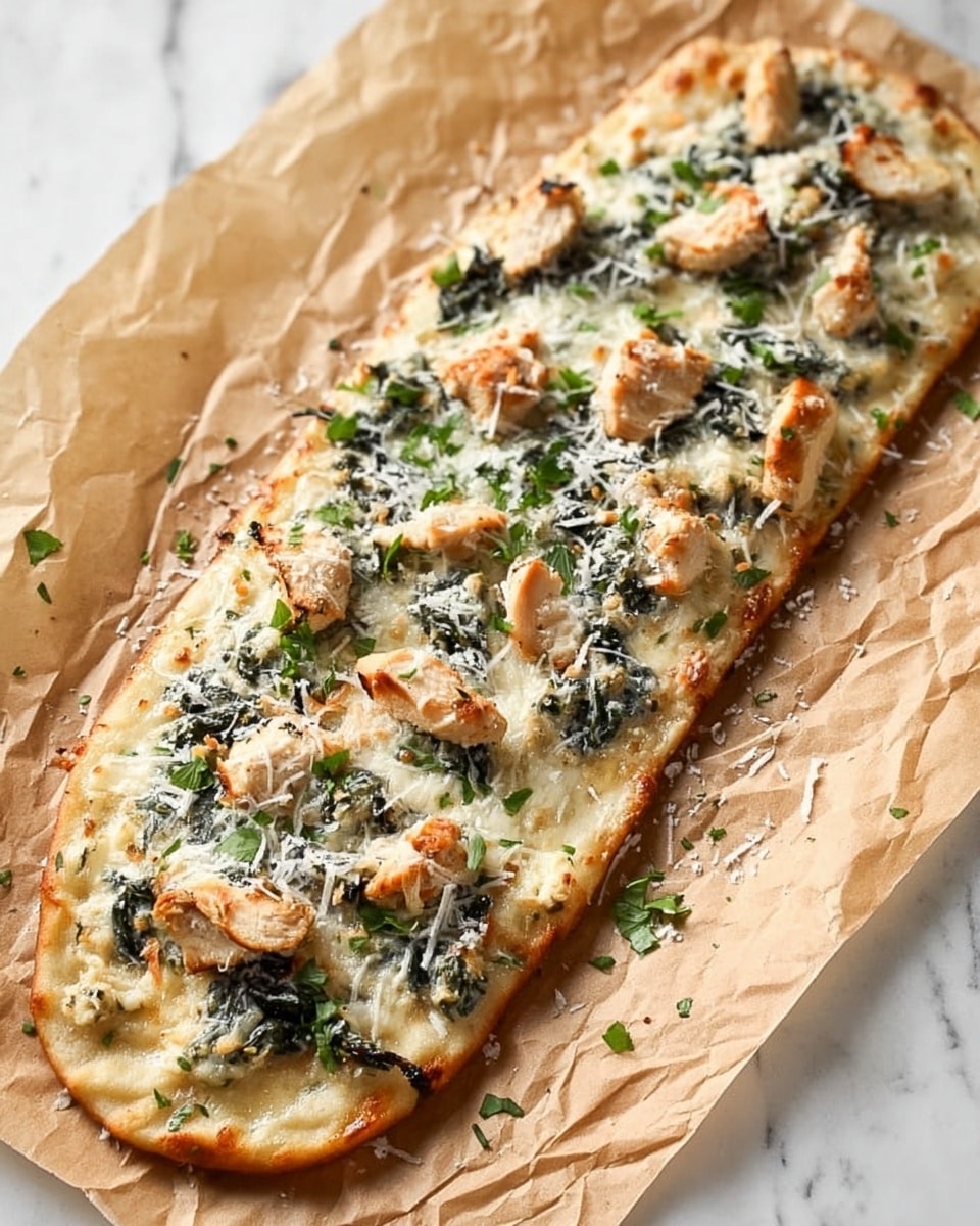 A long, thin flatbread pizza on crumpled parchment paper over a white marbled surface, showing a golden-brown crust with slightly crispy edges; the first layer consists of creamy white sauce spread evenly, topped with dark green spinach leaves mixed with melted, bubbly cheese that has a light golden color in spots; scattered pieces of grilled chicken with a light tan color are placed on top, finished with a sprinkling of finely grated white cheese and small bits of fresh green herbs. Photo taken with an iphone --ar 4:5 --v 7