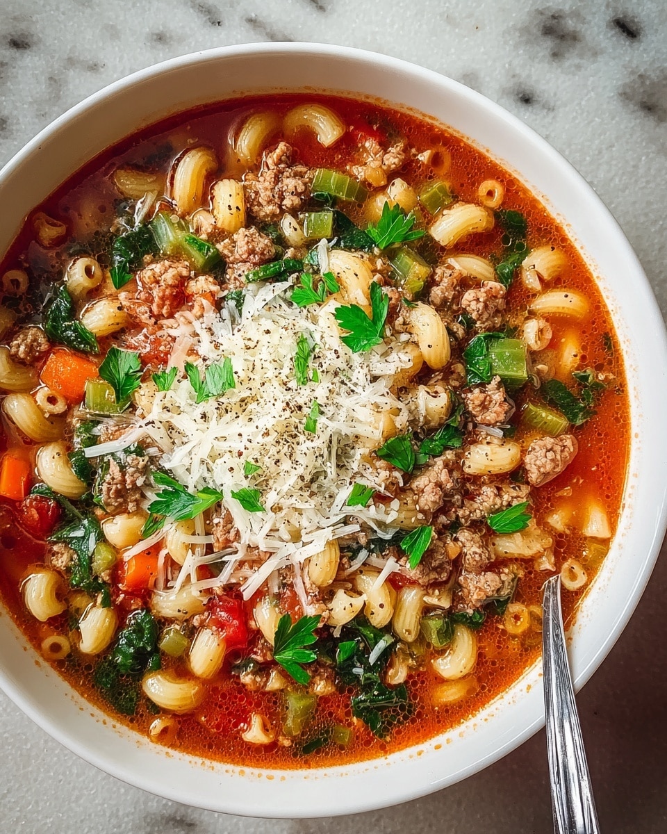 A white bowl filled with a colorful soup featuring three main layers: at the bottom, a bright reddish-orange broth; in the middle, a mix of elbow macaroni pasta, small ground meat pieces, chopped carrots, celery, spinach, and diced tomatoes; and on top, a generous heap of shredded white cheese sprinkled with dark pepper and fresh green parsley leaves. A silver spoon rests on the right edge of the bowl, and the bowl sits on a white marbled surface. photo taken with an iphone --ar 4:5 --v 7