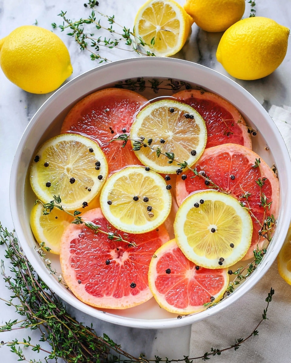 A white pan filled with clear liquid holds floating layers of lemon and grapefruit slices. The bottom layer has three large pink grapefruit slices, each showing bright orange edges and a textured pink interior. On top of them, there are four bright yellow lemon slices, some overlapping the grapefruit. Scattered across the citrus layers are small black peppercorns and fresh green thyme sprigs, adding contrast and texture. Around the pan, on a white marbled surface, whole lemons and more grapefruit slices are spread out, with additional sprigs of thyme laying casually nearby. photo taken with an iphone --ar 4:5 --v 7