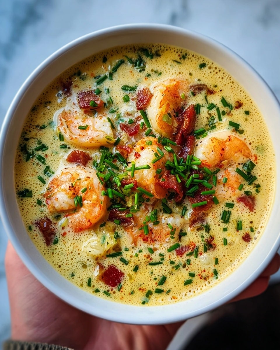 A white bowl filled with creamy yellow soup that has a frothy texture and small bubbles on the surface. Inside the soup, there are several cooked shrimp with a light pink and orange color, scattered evenly. On top of the shrimp and soup, fresh green chopped chives are sprinkled, adding a bright contrast. Small pieces of reddish-brown bacon bits and finely chopped herbs are mixed throughout the soup. The background shows a white marbled texture, and a woman's hand is holding the bowl from the side. Photo taken with an iphone --ar 4:5 --v 7