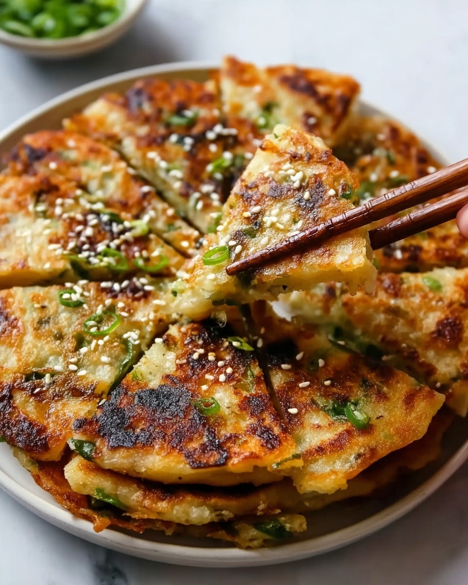 A round, golden brown pancake cut into eight triangular slices is stacked on a white plate over a white marbled surface. The pancake has a crispy, slightly charred texture with visible small chunks of green onions cooked inside it. The top is sprinkled with fresh chopped green onions and white sesame seeds. A pair of wooden chopsticks held by a woman's hand lifts one piece, showing its soft and fluffy inside layered between the crispy outer crust. The overall look is warm and inviting, with crisp edges and green highlights from the onions. Photo taken with an iphone --ar 4:5 --v 7