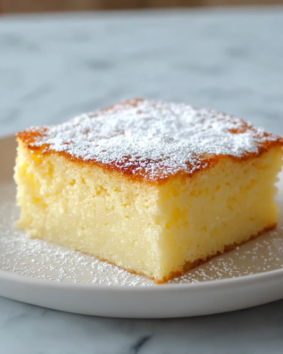 A single square piece of yellow cake with a soft and moist texture is shown on a white plate. The cake has two visible layers: a thin, slightly browned bottom crust, and a thick, light yellow inner layer with a spongy texture. The top surface of the cake is golden brown with a delicate dusting of white powdered sugar spread evenly across it. The background features a white marbled texture that softly contrasts with the cake and plate. photo taken with an iphone --ar 4:5 --v 7
