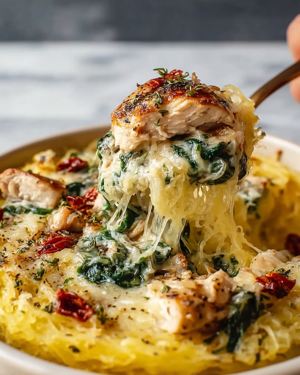 This image shows a close-up of a creamy baked dish with several layers. The bottom layer has golden-yellow spaghetti squash strands that look soft and stringy. On top of this is a layer of melted white cheese mixed with dark green spinach leaves, adding a creamy texture and color contrast. Above the cheese and spinach, there are pieces of browned cooked chicken with a slightly crispy skin, sprinkled with herbs for color. Small bits of bright red sun-dried tomatoes are scattered on the top and mixed in, adding a pop of color. The dish is in a white round baking dish, placed on a white marbled surface, with a woman's hand holding a spoon lifting a scoop full of the layers, showing the stretchy melted cheese. Photo taken with an iphone --ar 4:5 --v 7