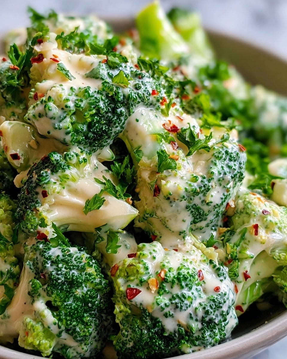 The image shows a close-up of fresh broccoli florets coated in a creamy white sauce that looks smooth and thick. The broccoli pieces are bright green with a firm, slightly textured surface. Small bits of grated cheese and red pepper flakes are sprinkled evenly on top, adding color contrast. Tiny green parsley leaves are scattered over the dish, giving it a fresh look. The broccoli and sauce layers are mixed together, with the sauce clinging well to the broccoli, creating a rich and tasty feel. The photo is taken on a white marbled surface. photo taken with an iphone --ar 4:5 --v 7