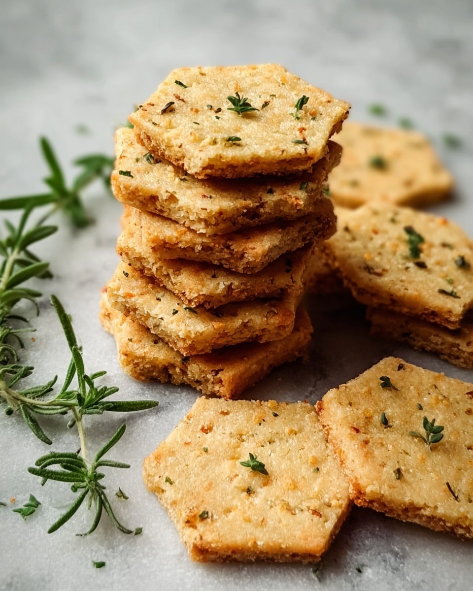 A close-up view of a small stack of six hexagon-shaped crackers in the center, each cracker a light golden brown with a rough, crumbly texture and sprinkled evenly with small pieces of green herbs on top. Around the stack, there are several loose crackers lying flat, showing the same color and herb detail. Near the crackers, a few fresh green herb sprigs add a natural touch. The crackers and herbs rest on a white marbled textured surface, creating a simple and clean background. photo taken with an iphone --ar 4:5 --v 7