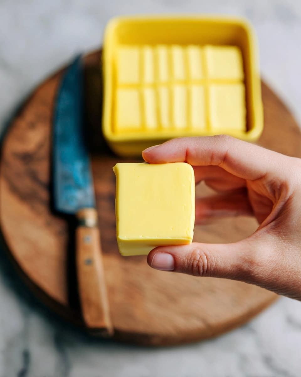 A woman's hand holds a small, smooth, yellow square piece of butter, positioned in the center of the image. In the background, there is a yellow butter dish with a grid pattern sitting on a round wooden board, which is placed on a white marbled surface. To the left of the butter dish, a knife with a blue and brown handle rests on the wooden board. The focus is sharp on the butter and the woman's hand, while the background softly blurs, showing textures clearly. photo taken with an iphone --ar 4:5 --v 7